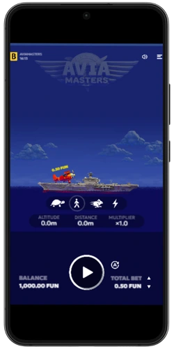 Aviamasters game interface on mobile with aircraft carrier and 1,000 FUN balance