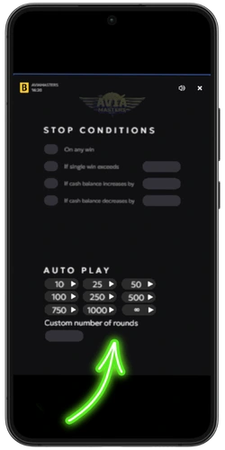 Aviamasters autoplay settings with stop conditions and round count options