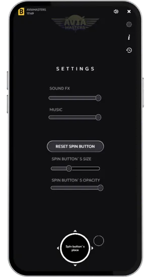 Aviamasters settings panel with spin controls