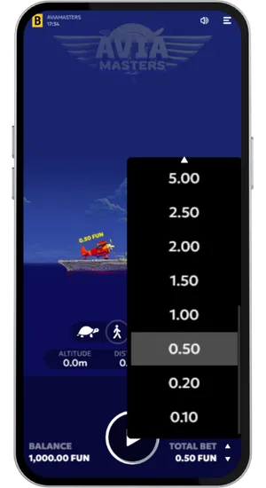 Aviamasters by BGaming - setting a bet between £0.10 and £1,000